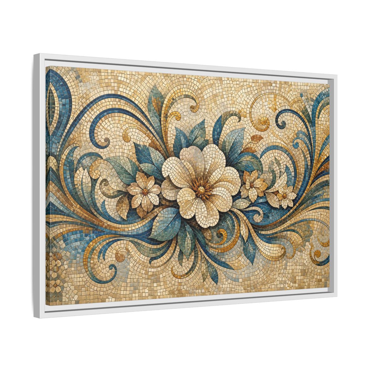 Side Mockup 10. Floral Floral Mosaic Blue And Gold Mosaic shown as stretched canvas wall art