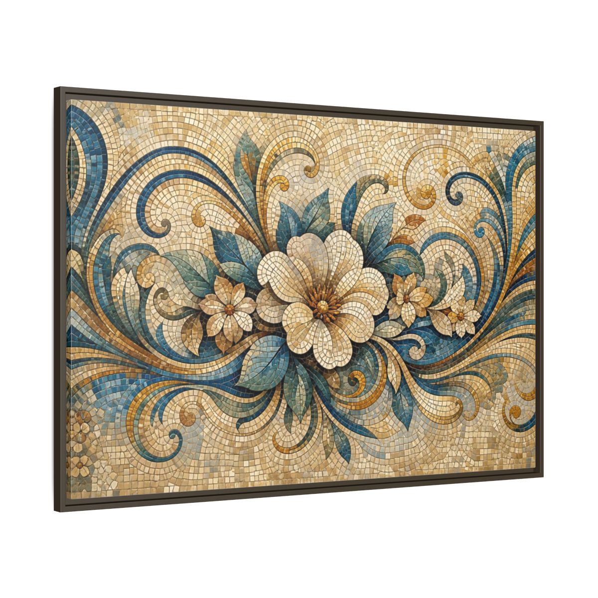 Side Mockup 8. Floral Floral Mosaic Blue And Gold Mosaic shown as stretched canvas wall art