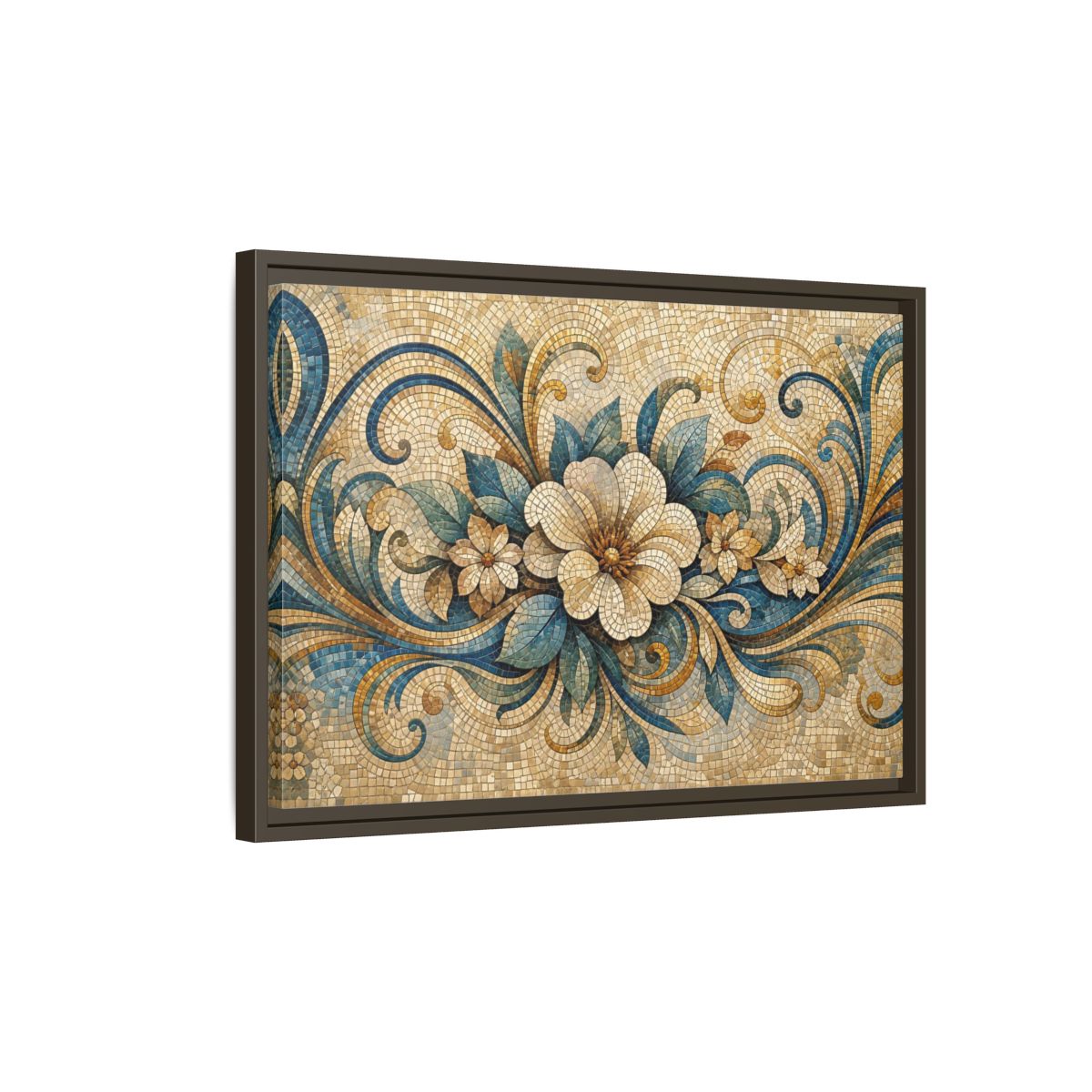 Side Mockup 2. Floral Floral Mosaic Blue And Gold Mosaic shown as stretched canvas wall art