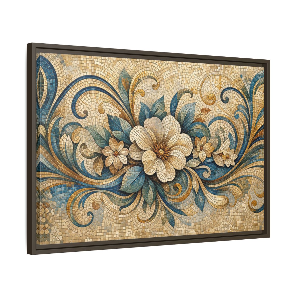 Side Mockup 11. Floral Floral Mosaic Blue And Gold Mosaic shown as stretched canvas wall art