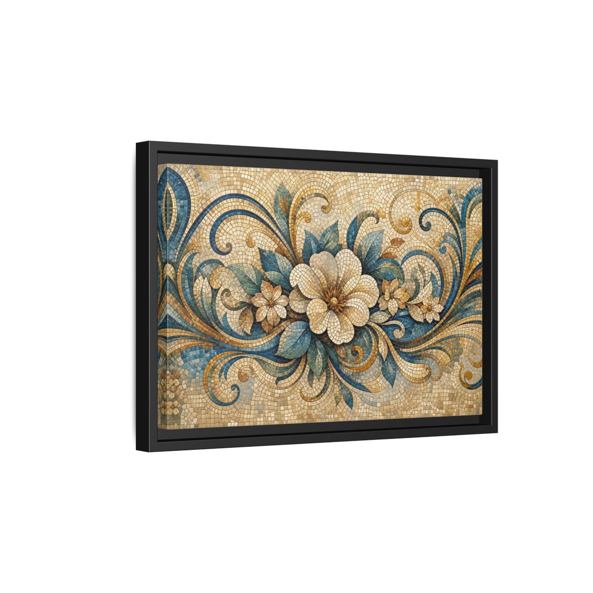 Side Mockup 6. Floral Floral Mosaic Blue And Gold Mosaic shown as stretched canvas wall art