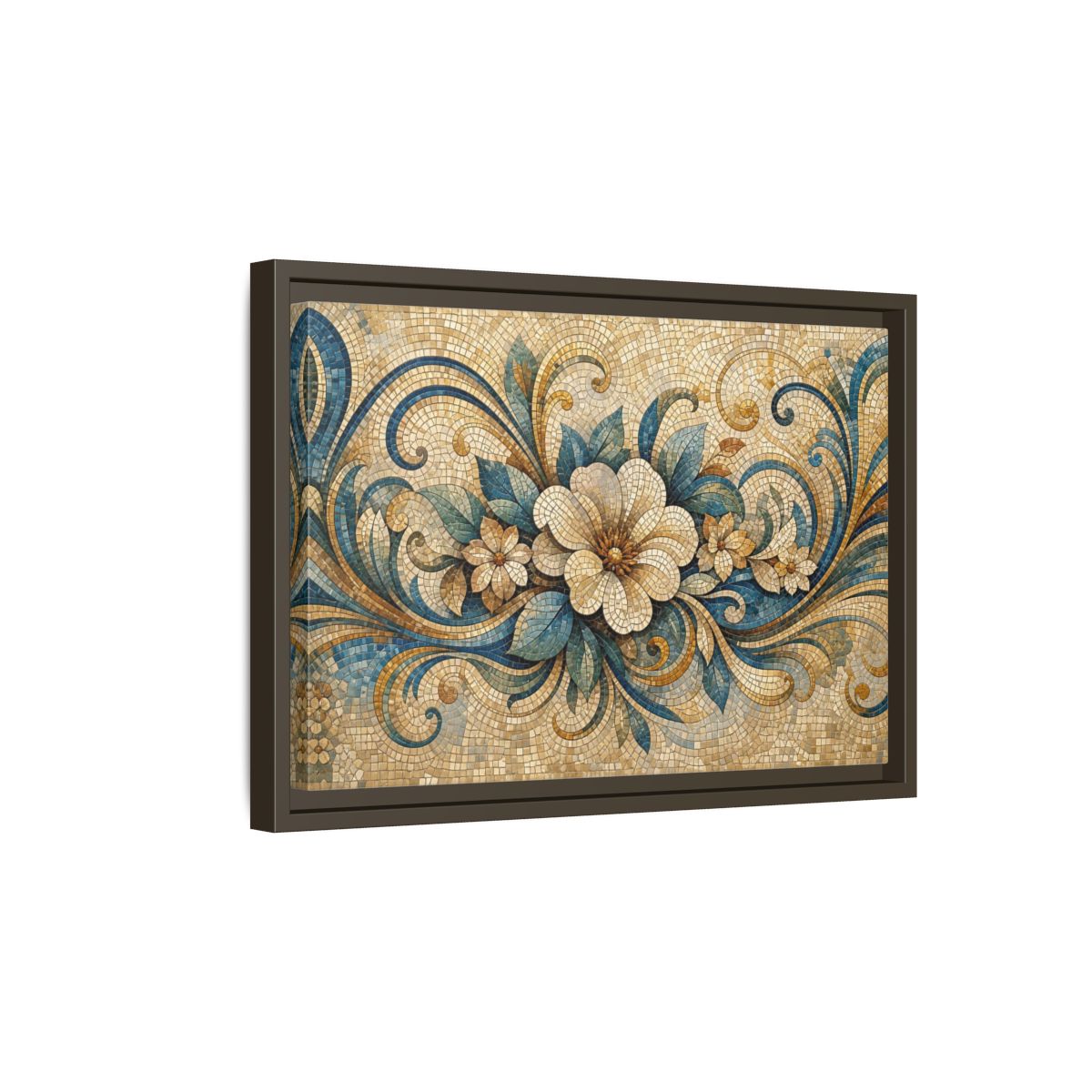 Side Mockup 5. Floral Floral Mosaic Blue And Gold Mosaic shown as stretched canvas wall art
