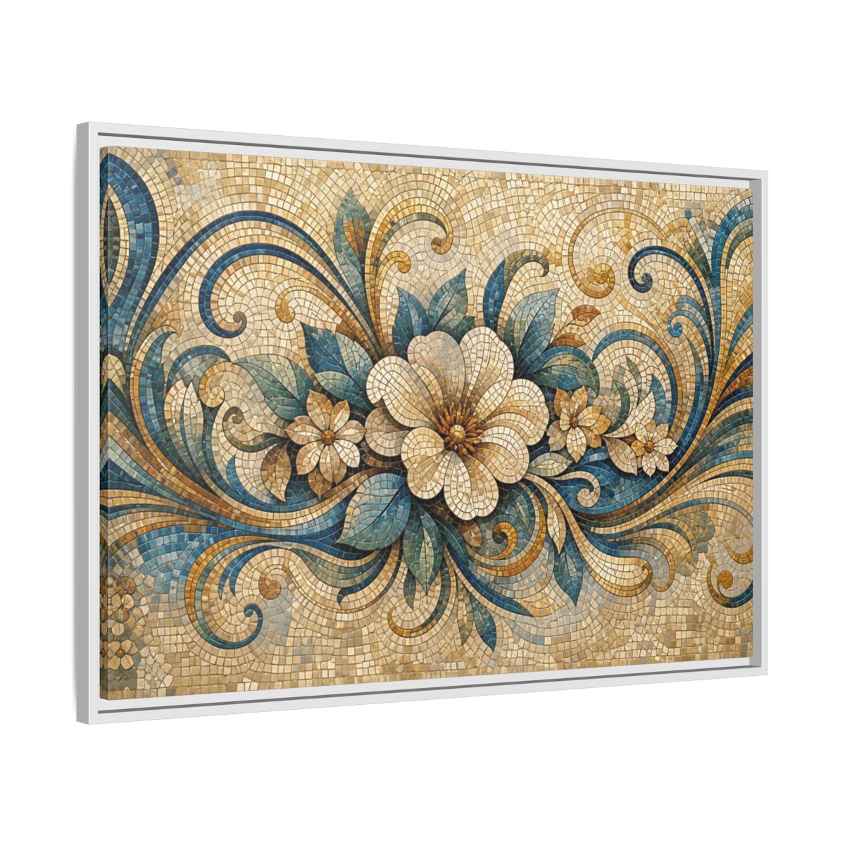 Side Mockup 9. Floral Floral Mosaic Blue And Gold Mosaic shown as stretched canvas wall art