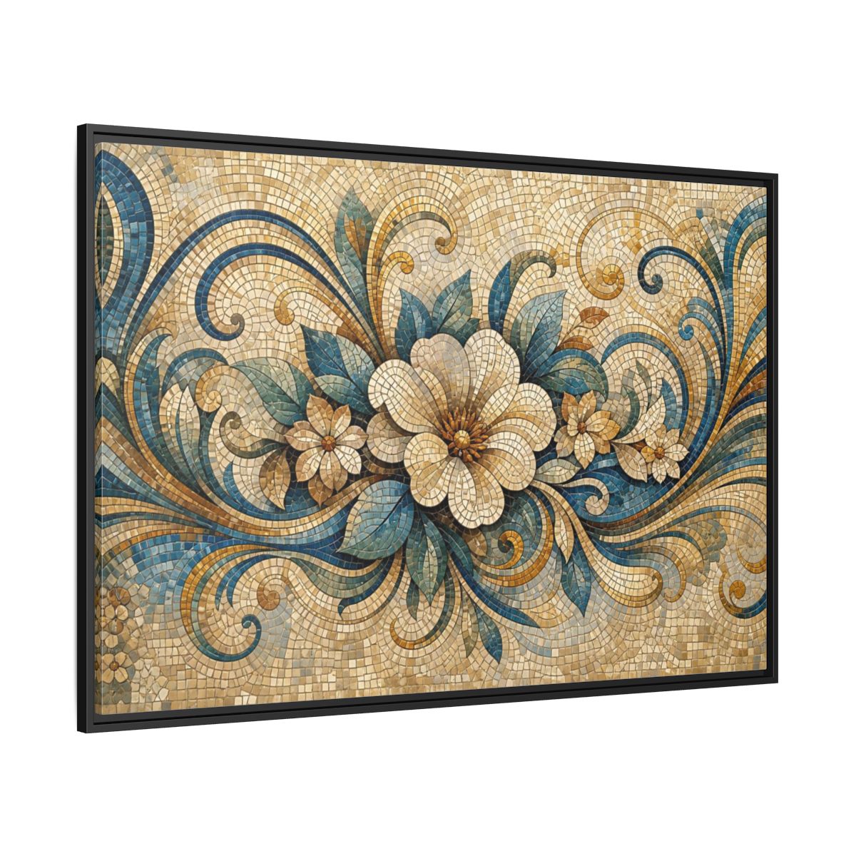 Side Mockup 12. Floral Floral Mosaic Blue And Gold Mosaic shown as stretched canvas wall art