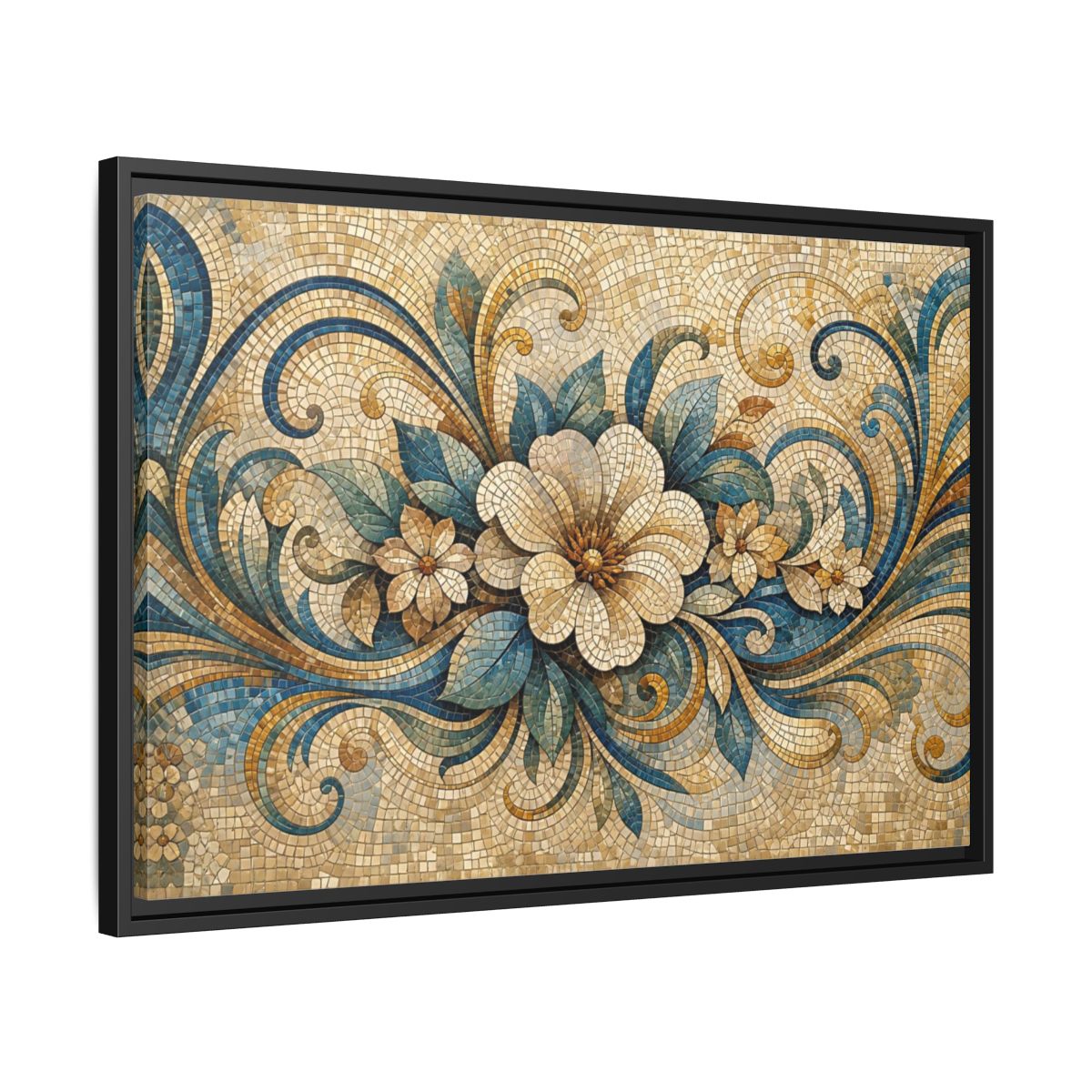 Side Mockup 14. Floral Floral Mosaic Blue And Gold Mosaic shown as stretched canvas wall art