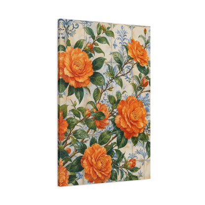Main Mockup. Floral Orange Camellias Orange Floral Tile shown as stretched canvas wall art