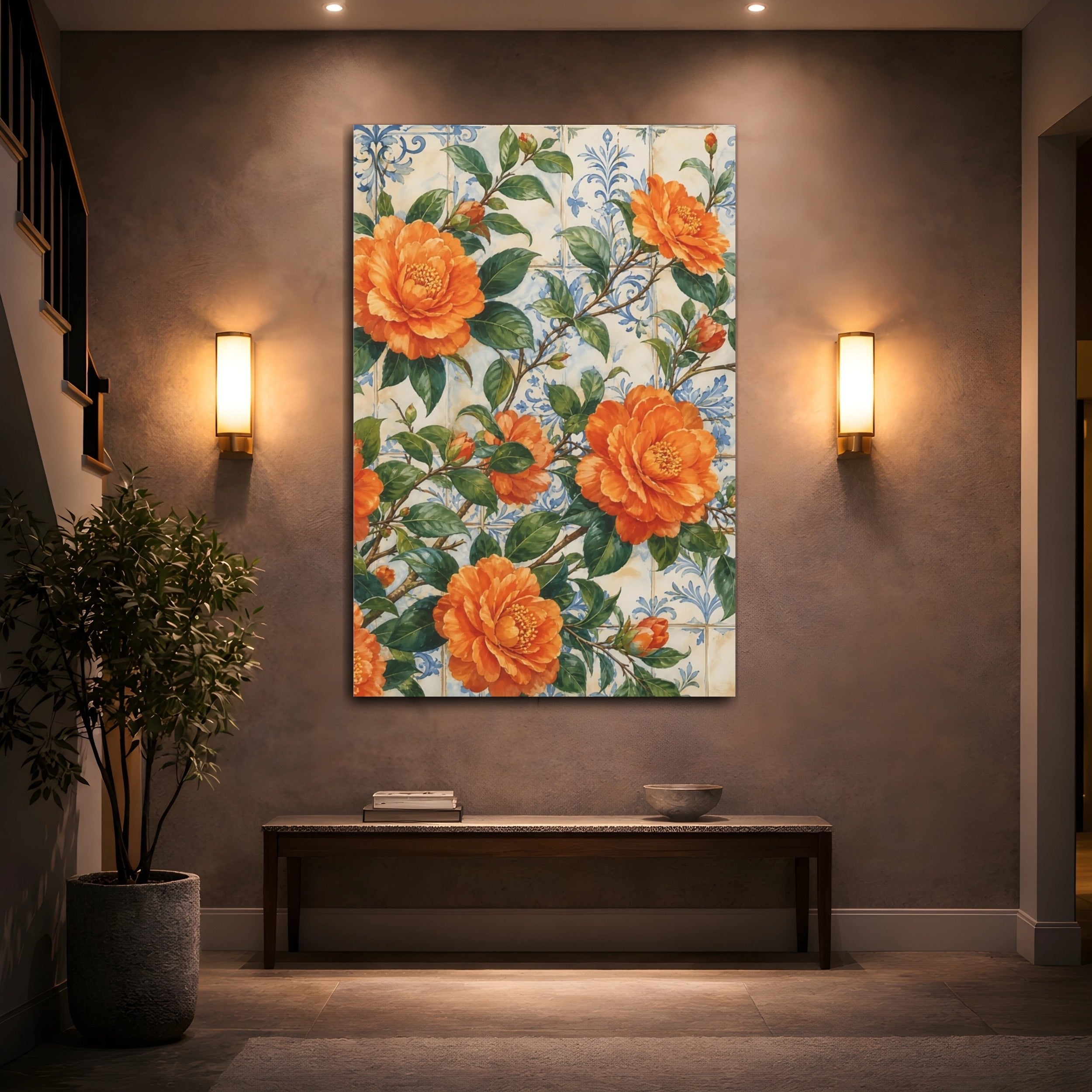 Mockup 2. Floral Orange Camellias Orange Floral Tile shown as stretched canvas wall art