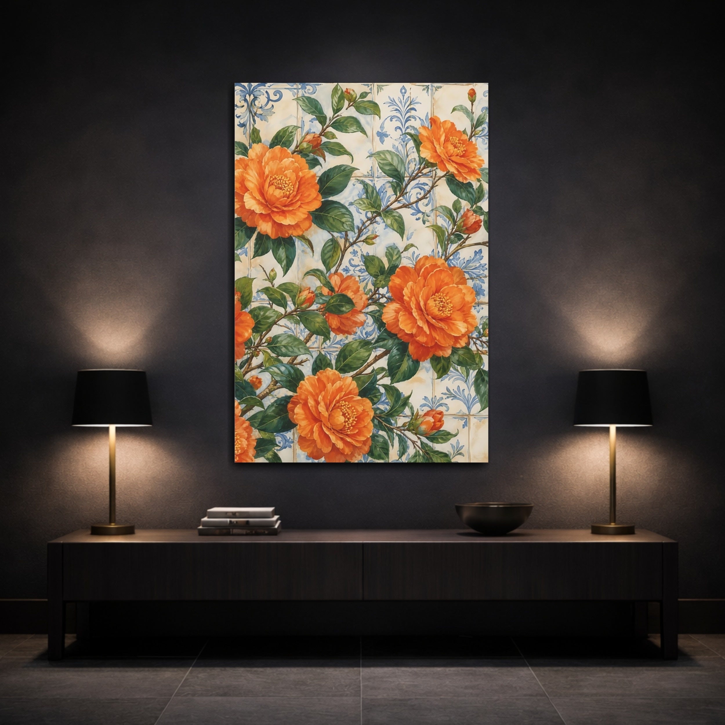 Mockup 3. Floral Orange Camellias Orange Floral Tile shown as stretched canvas wall art