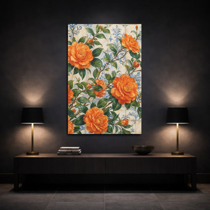 Mockup 3. Floral Orange Camellias Orange Floral Tile shown as stretched canvas wall art