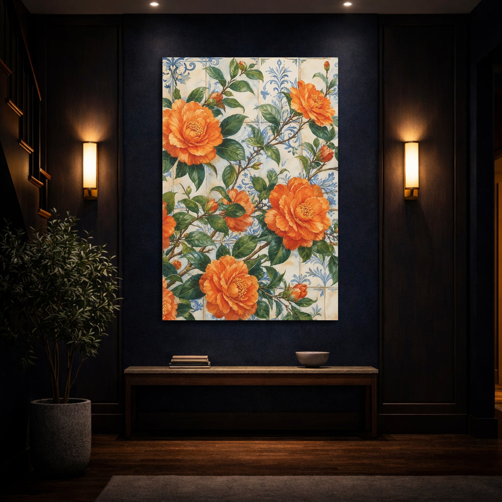 Mockup 4. Floral Orange Camellias Orange Floral Tile shown as stretched canvas wall art