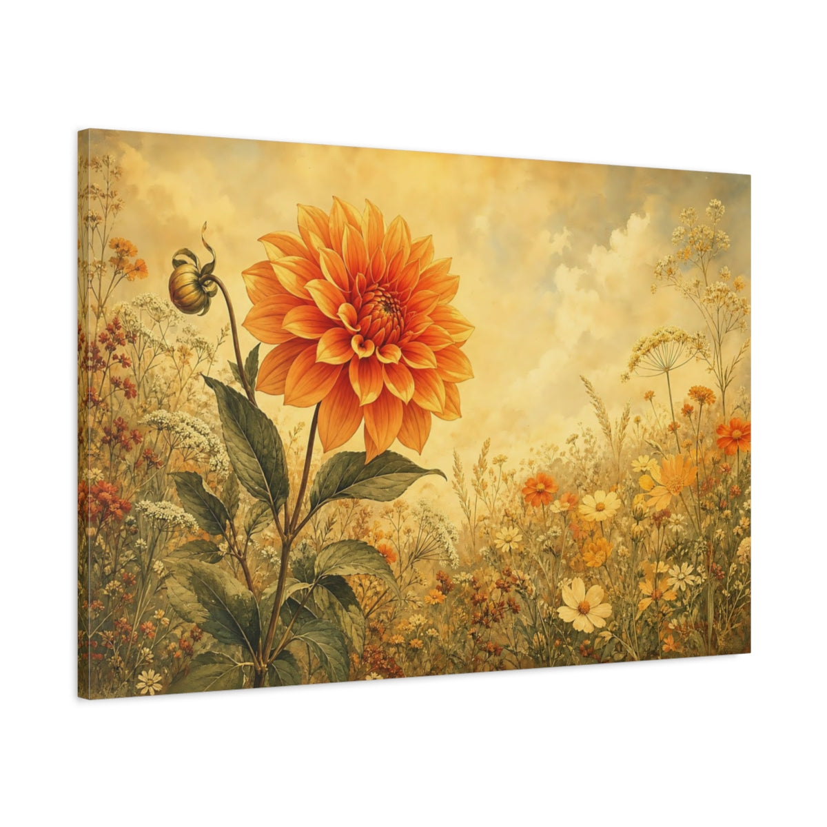 Main Mockup. Floral Orange Dahlia Orange Yellow Floral shown as stretched canvas wall art