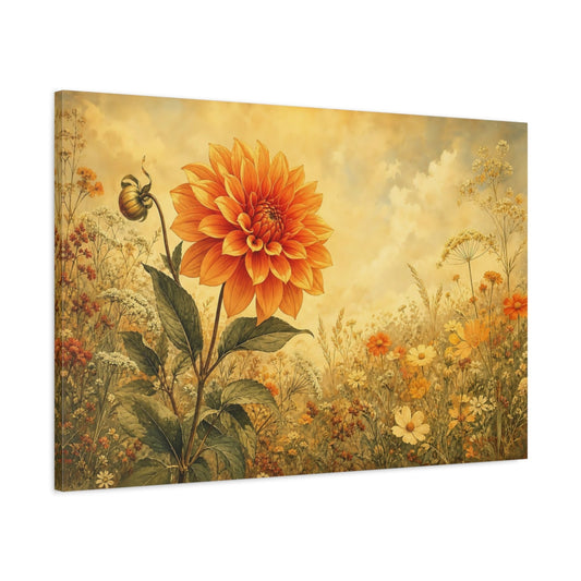 Main Mockup. Floral Orange Dahlia Orange Yellow Floral shown as stretched canvas wall art