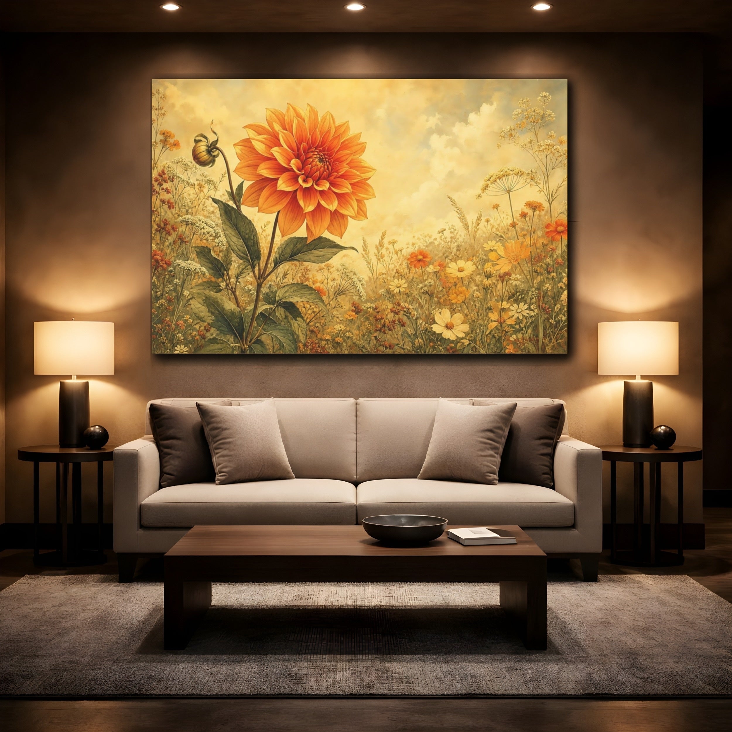 Mockup 2. Floral Orange Dahlia Orange Yellow Floral shown as stretched canvas wall art