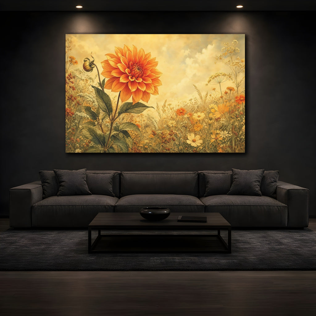 Mockup 3. Floral Orange Dahlia Orange Yellow Floral shown as stretched canvas wall art