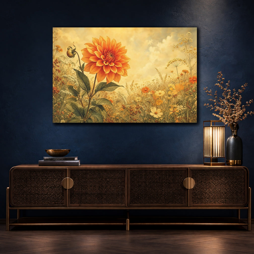 Mockup 4. Floral Orange Dahlia Orange Yellow Floral shown as stretched canvas wall art