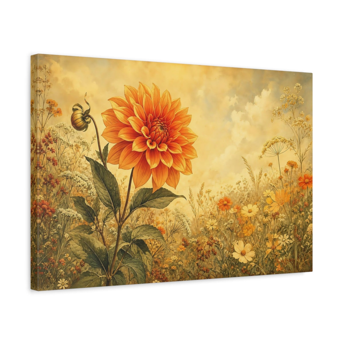Side Mockup 3. Floral Orange Dahlia Orange Yellow Floral shown as stretched canvas wall art