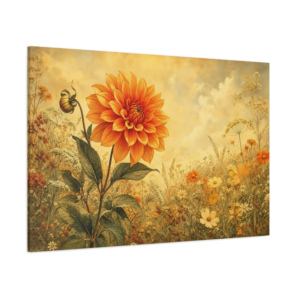 Side Mockup 1. Floral Orange Dahlia Orange Yellow Floral shown as stretched canvas wall art