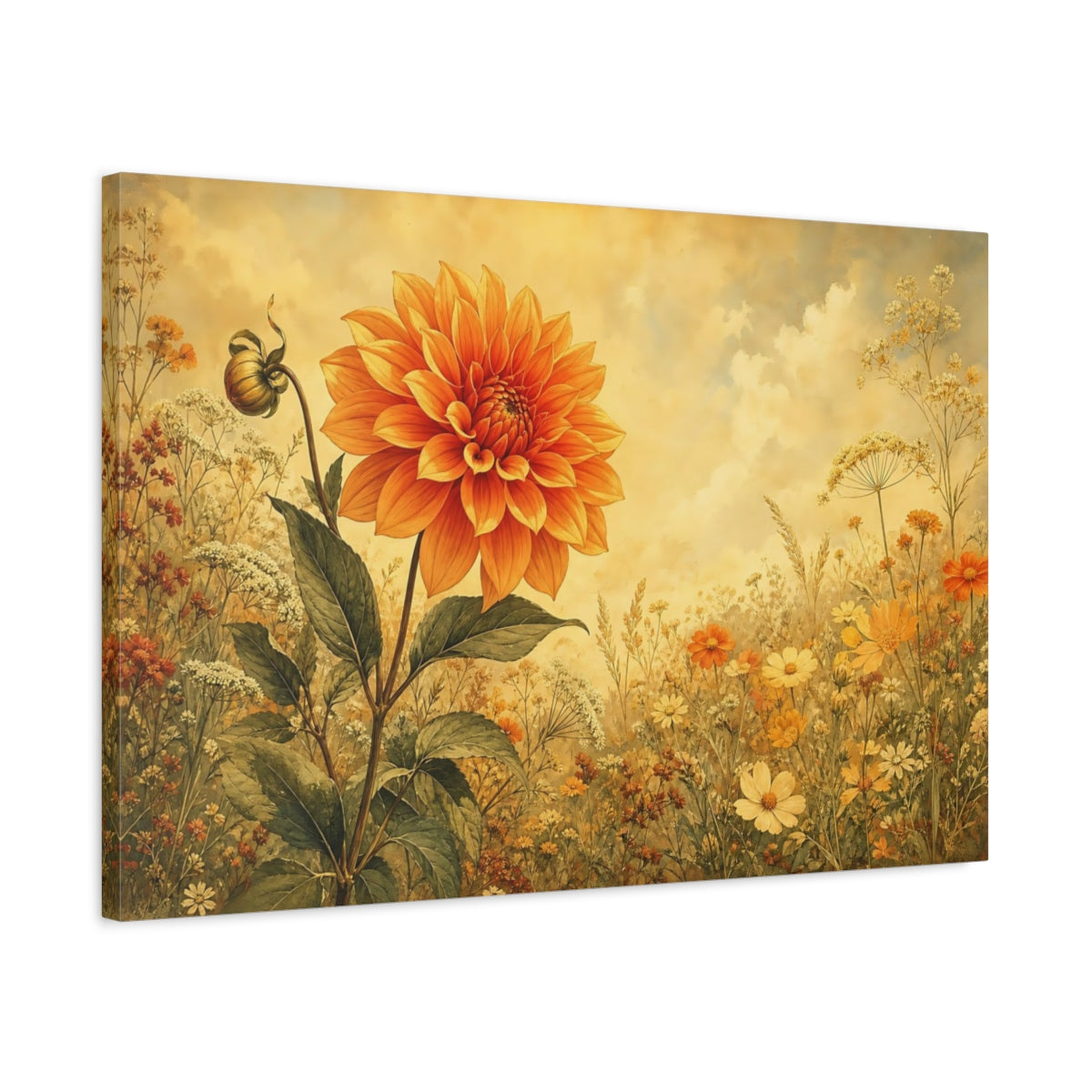 Side Mockup 2. Floral Orange Dahlia Orange Yellow Floral shown as stretched canvas wall art
