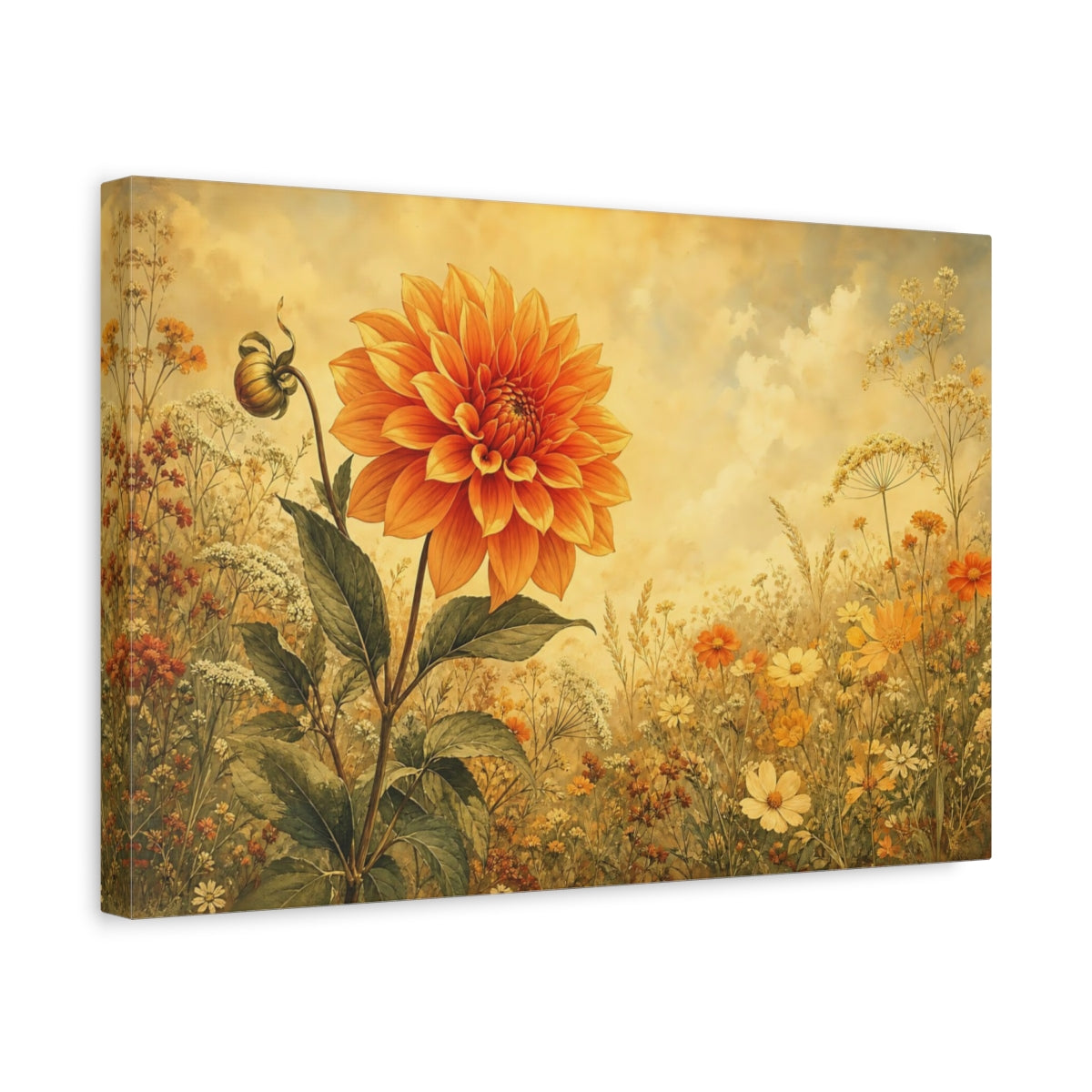 Side Mockup 4. Floral Orange Dahlia Orange Yellow Floral shown as stretched canvas wall art