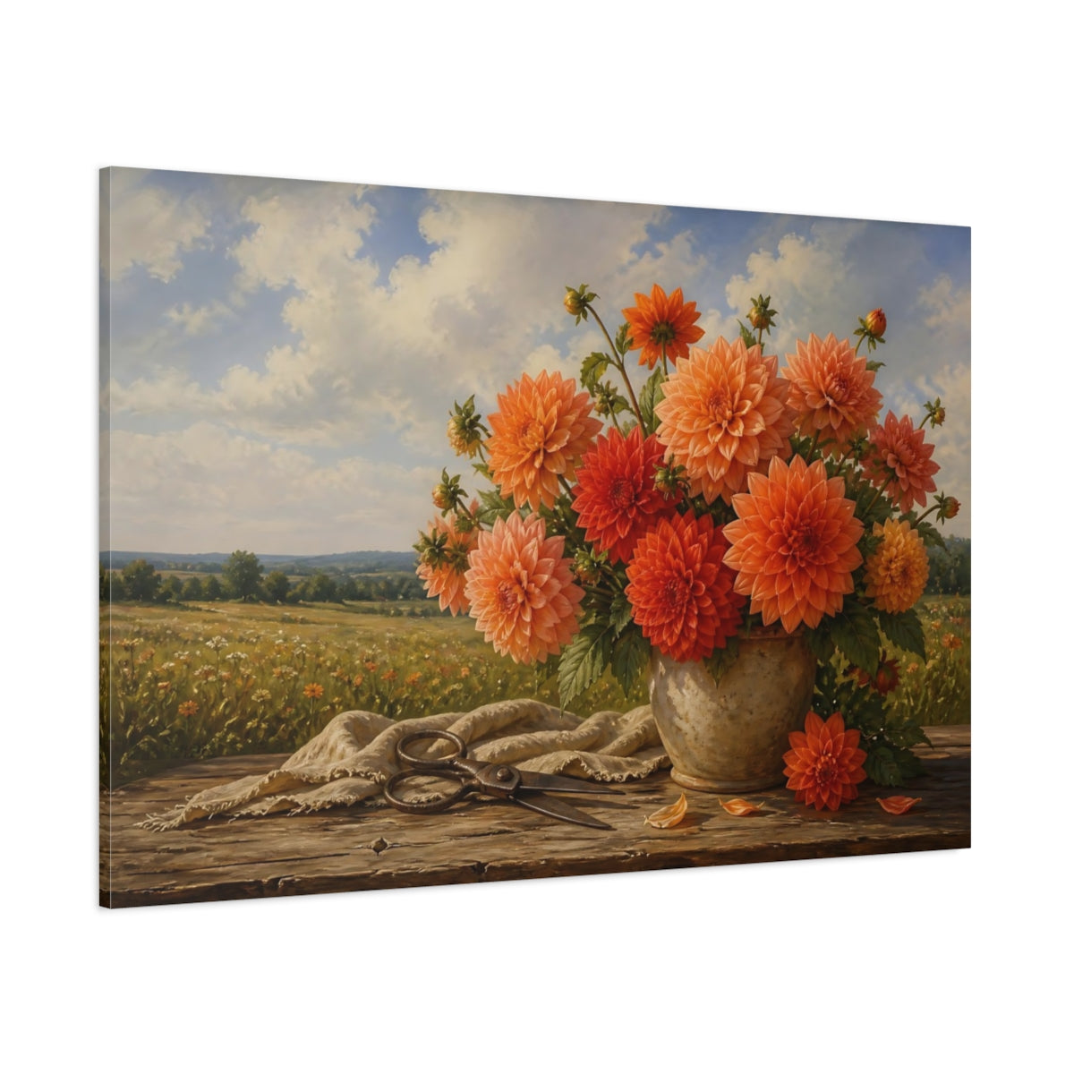 Side Mockup 1. Floral Orange Dahlias Orange Floral shown as stretched canvas wall art