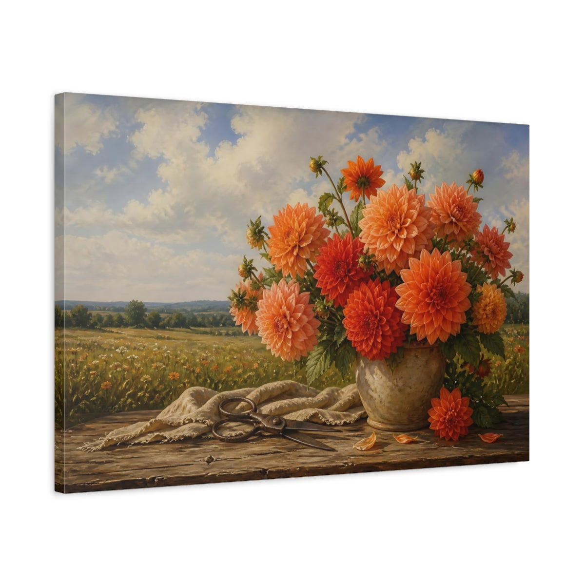Side Mockup 2. Floral Orange Dahlias Orange Floral shown as stretched canvas wall art