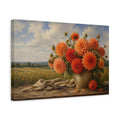 Side Mockup 4. Floral Orange Dahlias Orange Floral shown as stretched canvas wall art