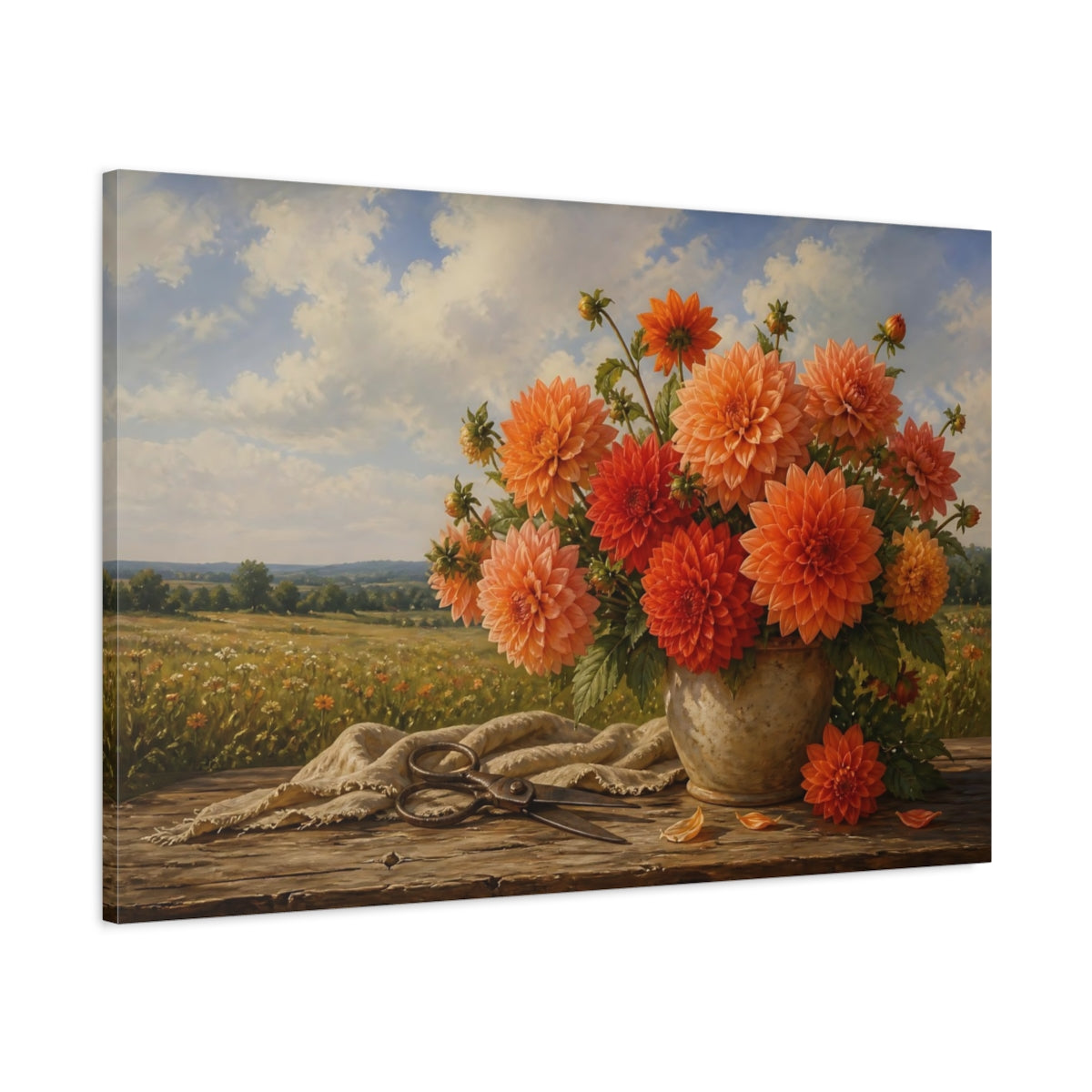 Main Mockup. Floral Orange Dahlias Orange Floral shown as stretched canvas wall art