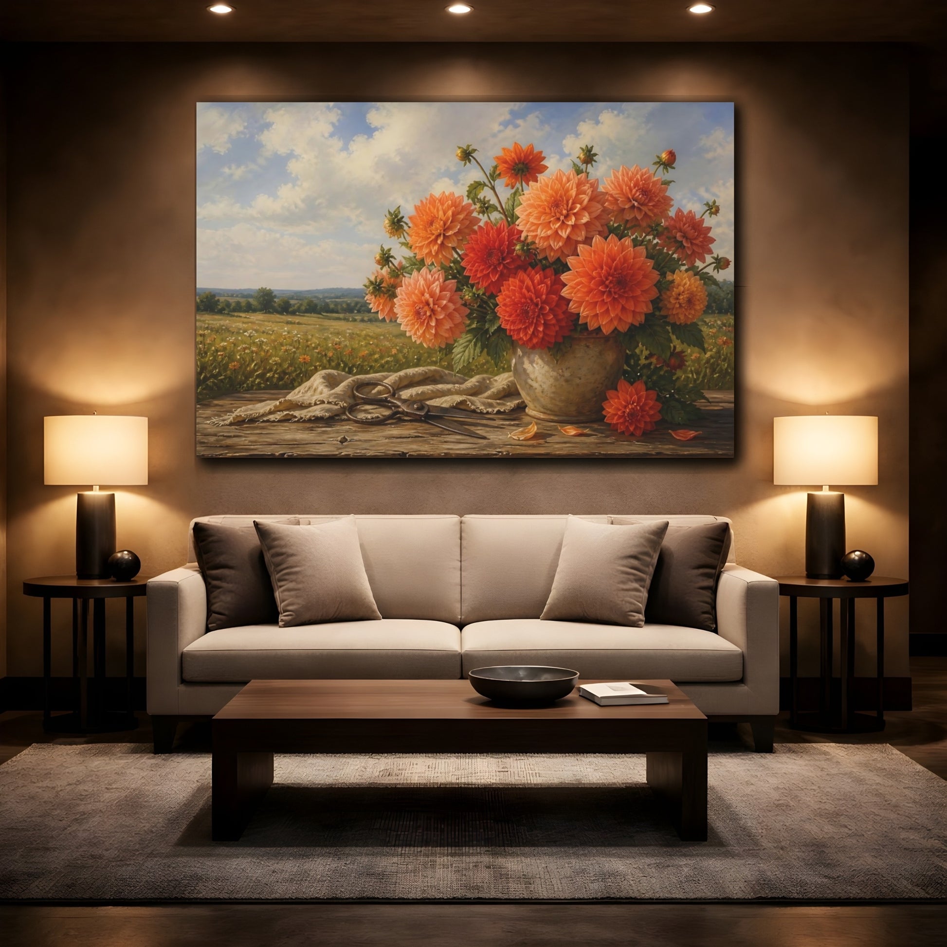 Mockup 2. Floral Orange Dahlias Orange Floral shown as stretched canvas wall art