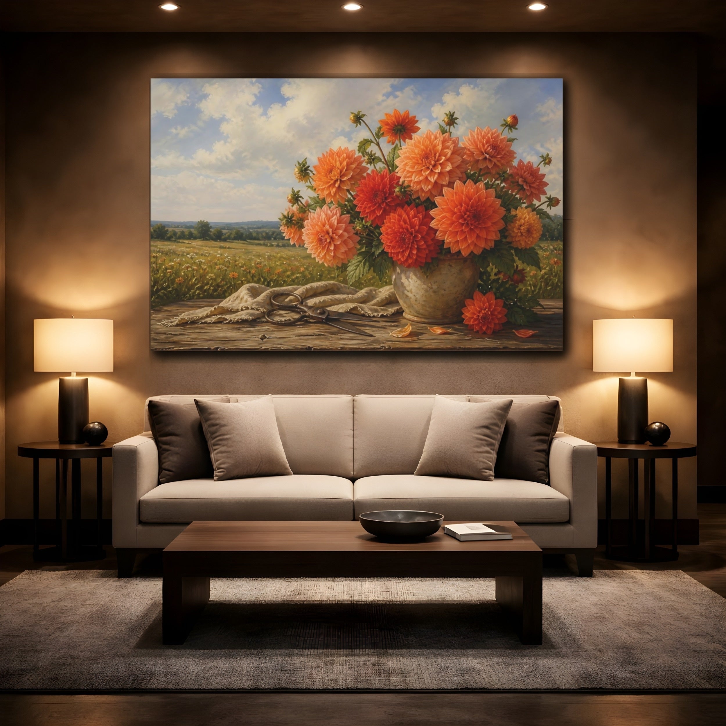Mockup 2. Floral Orange Dahlias Orange Floral shown as stretched canvas wall art