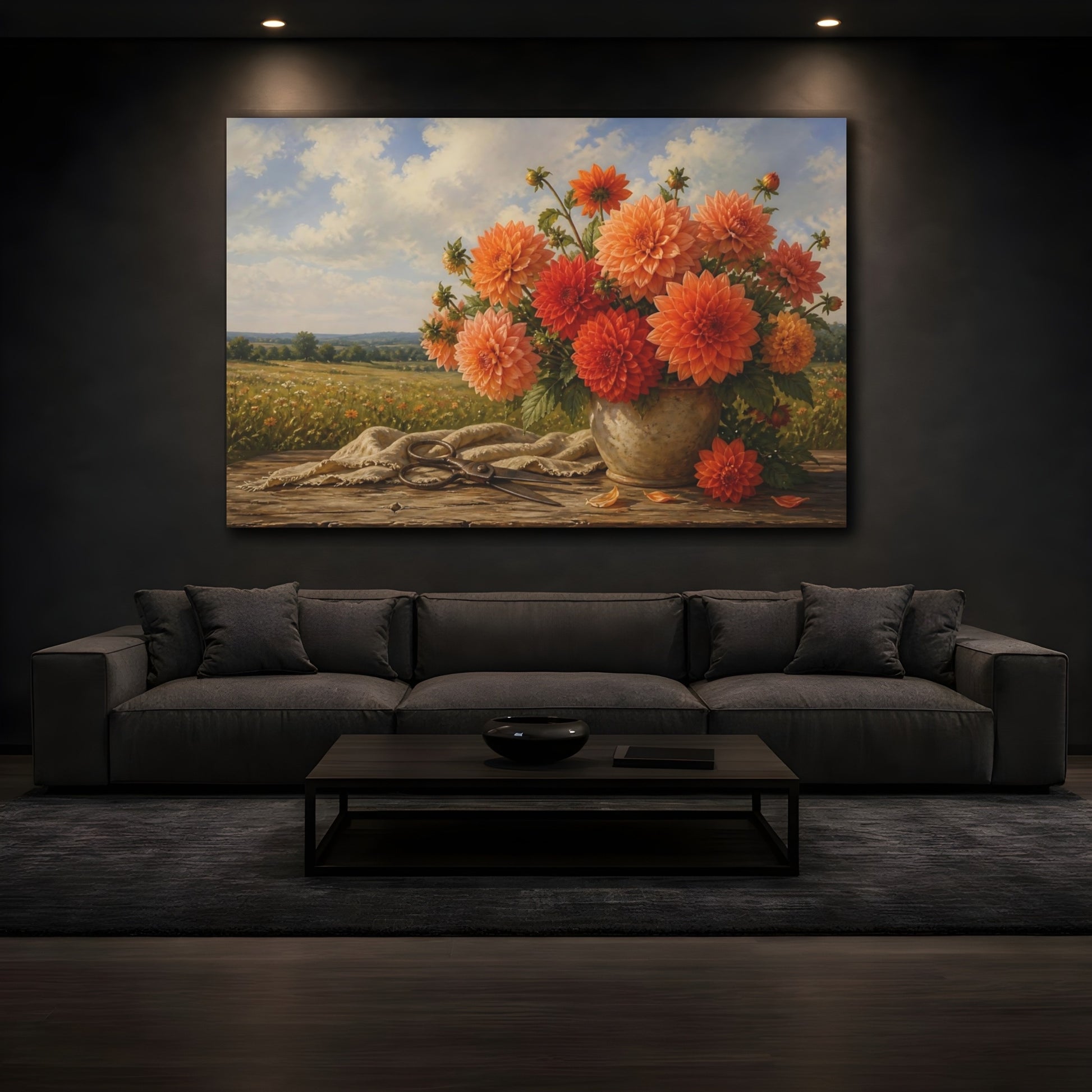Mockup 3. Floral Orange Dahlias Orange Floral shown as stretched canvas wall art