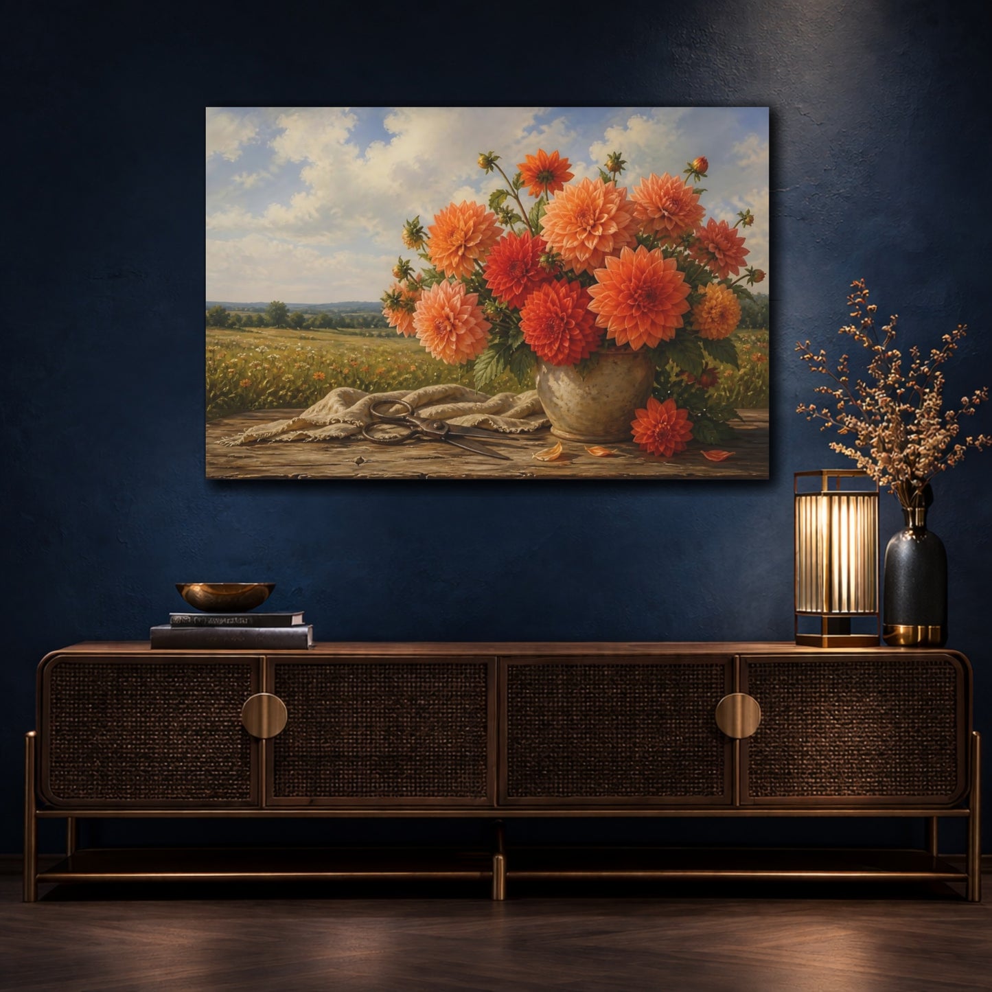 Mockup 4. Floral Orange Dahlias Orange Floral shown as stretched canvas wall art