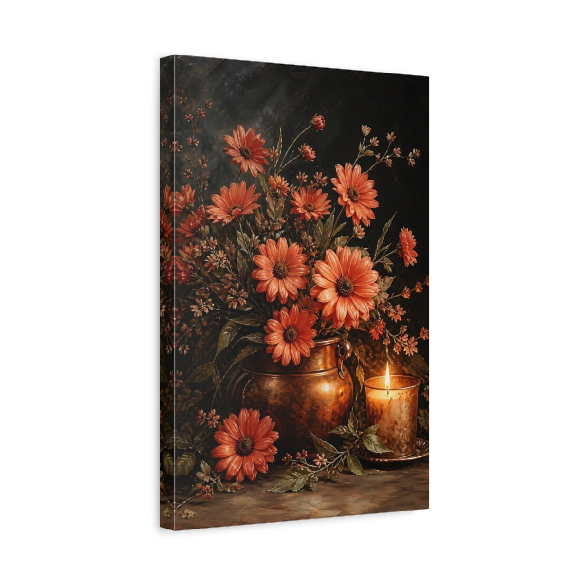 Side Mockup 4. Floral Orange Daisies Orange And Copper shown as stretched canvas wall art