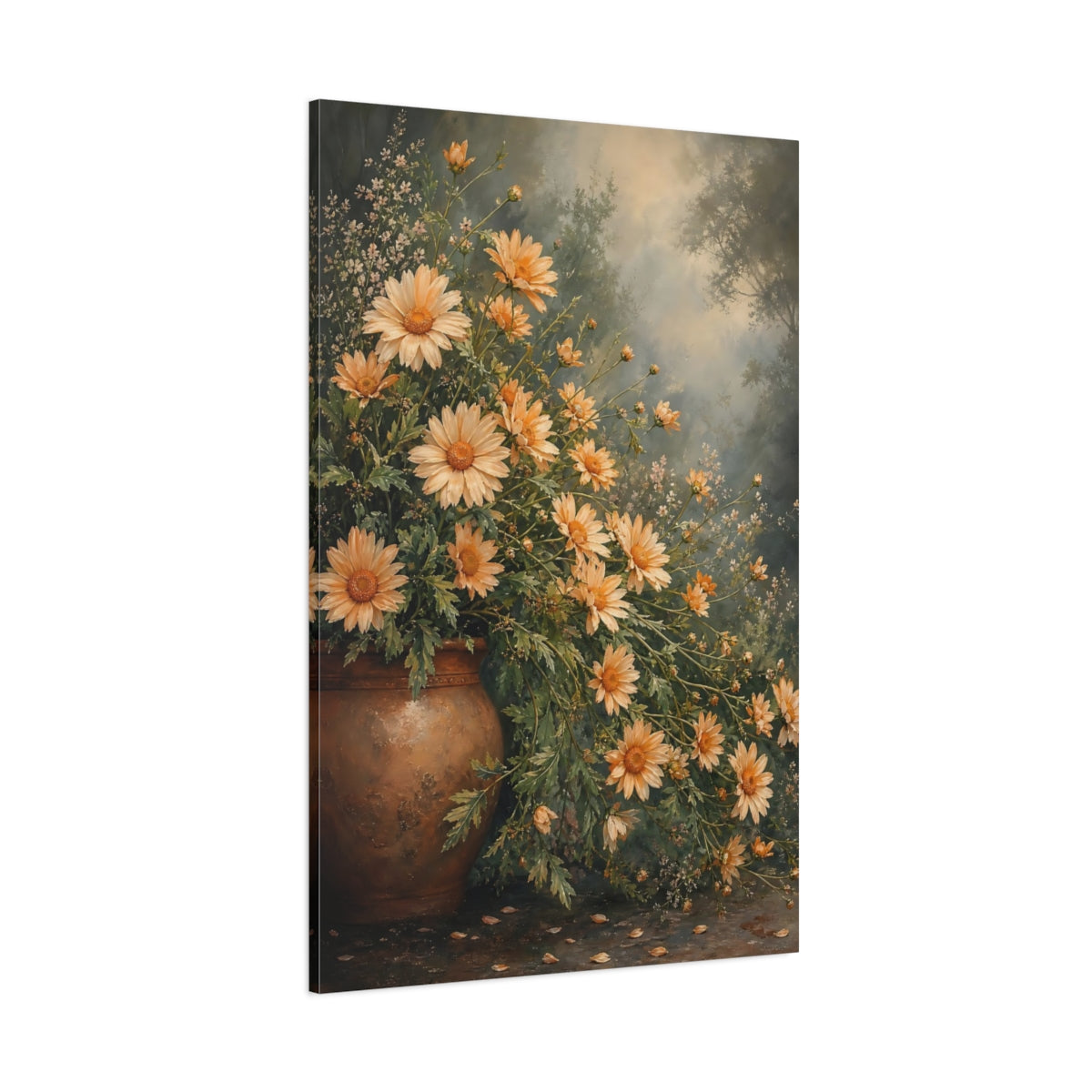 Side Mockup 1. Floral Orange Daisies Orange Daisy Art shown as stretched canvas wall art
