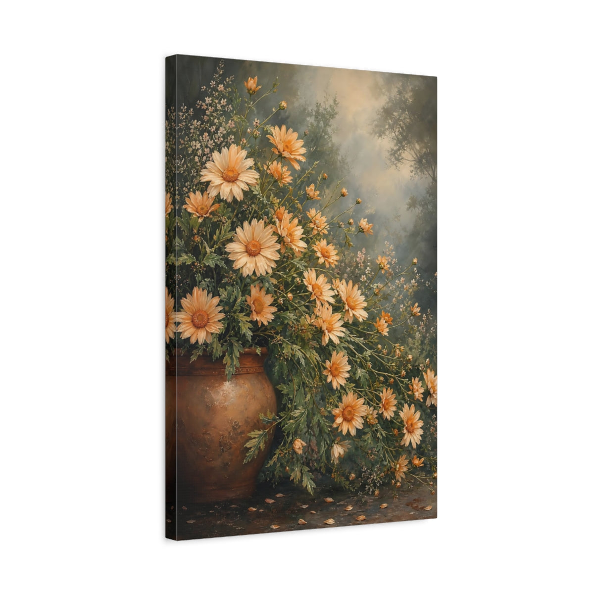 Side Mockup 3. Floral Orange Daisies Orange Daisy Art shown as stretched canvas wall art