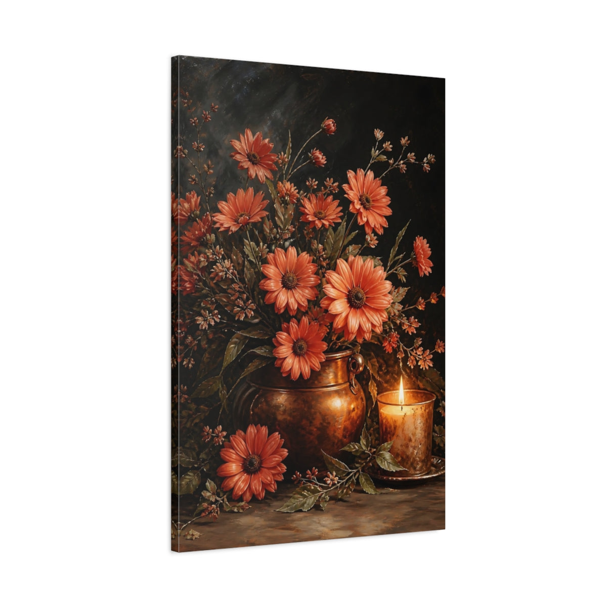 Main Mockup. Floral Orange Daisies Orange And Copper shown as stretched canvas wall art
