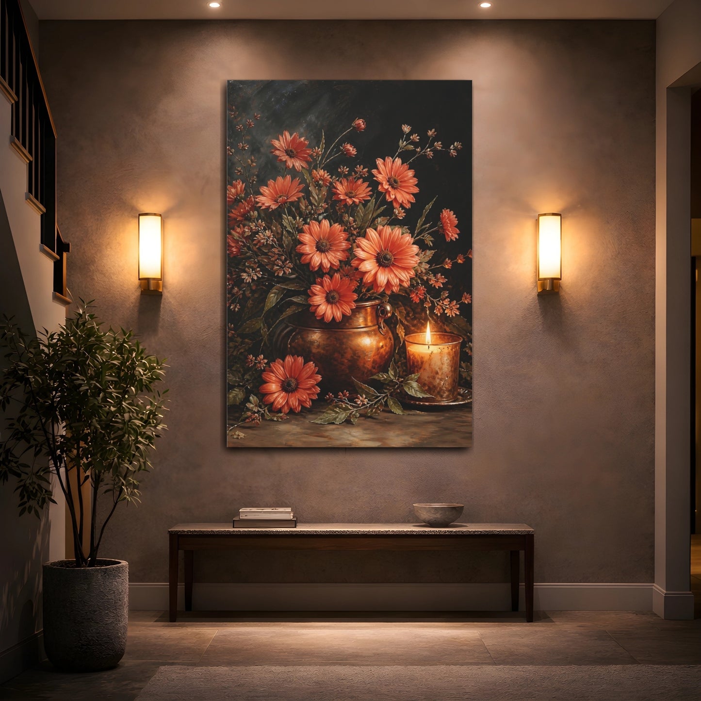 Mockup 2. Floral Orange Daisies Orange And Copper shown as stretched canvas wall art