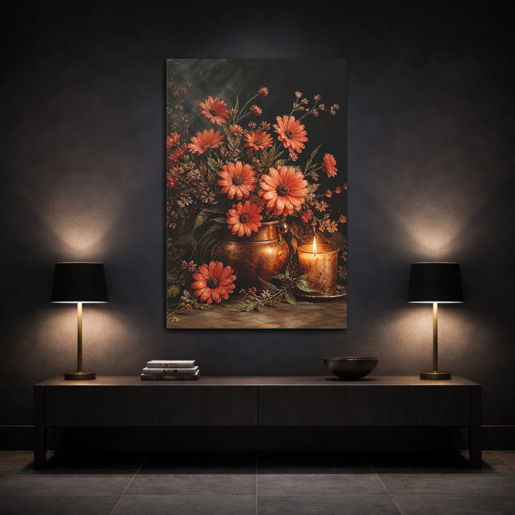 Mockup 3. Floral Orange Daisies Orange And Copper shown as stretched canvas wall art