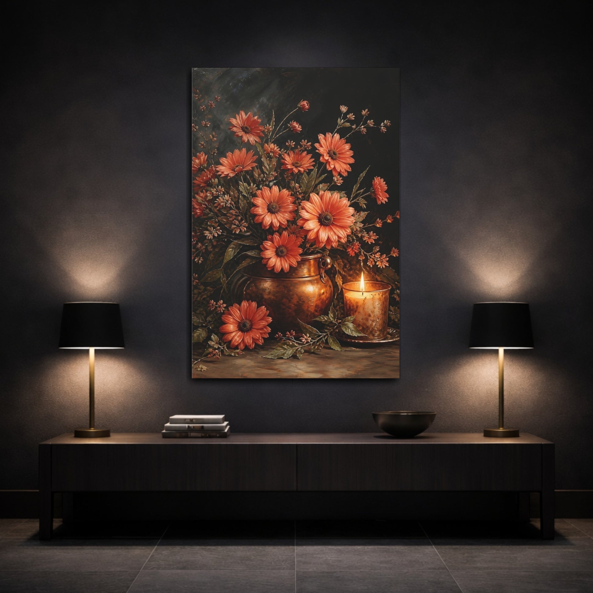 Mockup 3. Floral Orange Daisies Orange And Copper shown as stretched canvas wall art