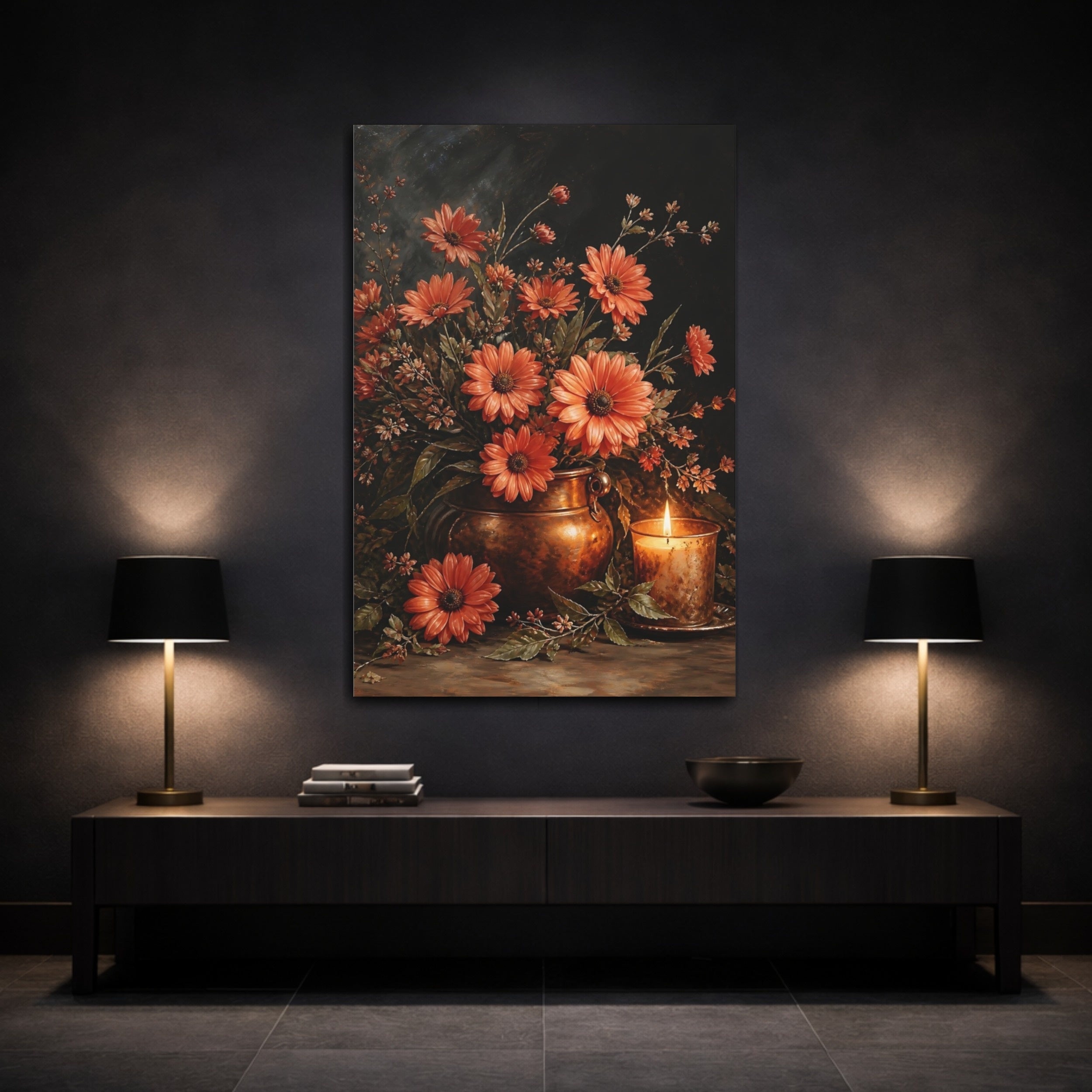 Mockup 3. Floral Orange Daisies Orange And Copper shown as stretched canvas wall art