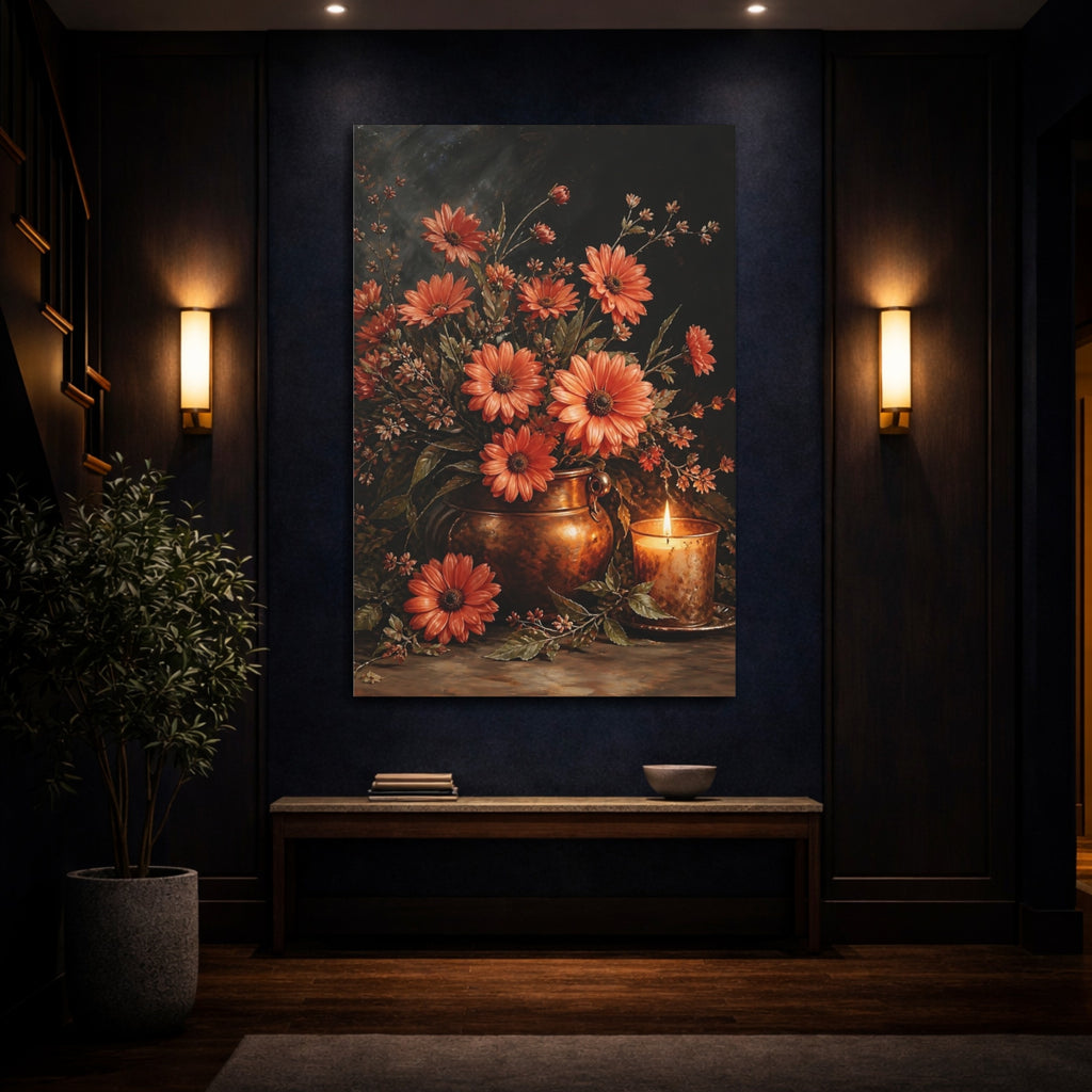 Mockup 4. Floral Orange Daisies Orange And Copper shown as stretched canvas wall art