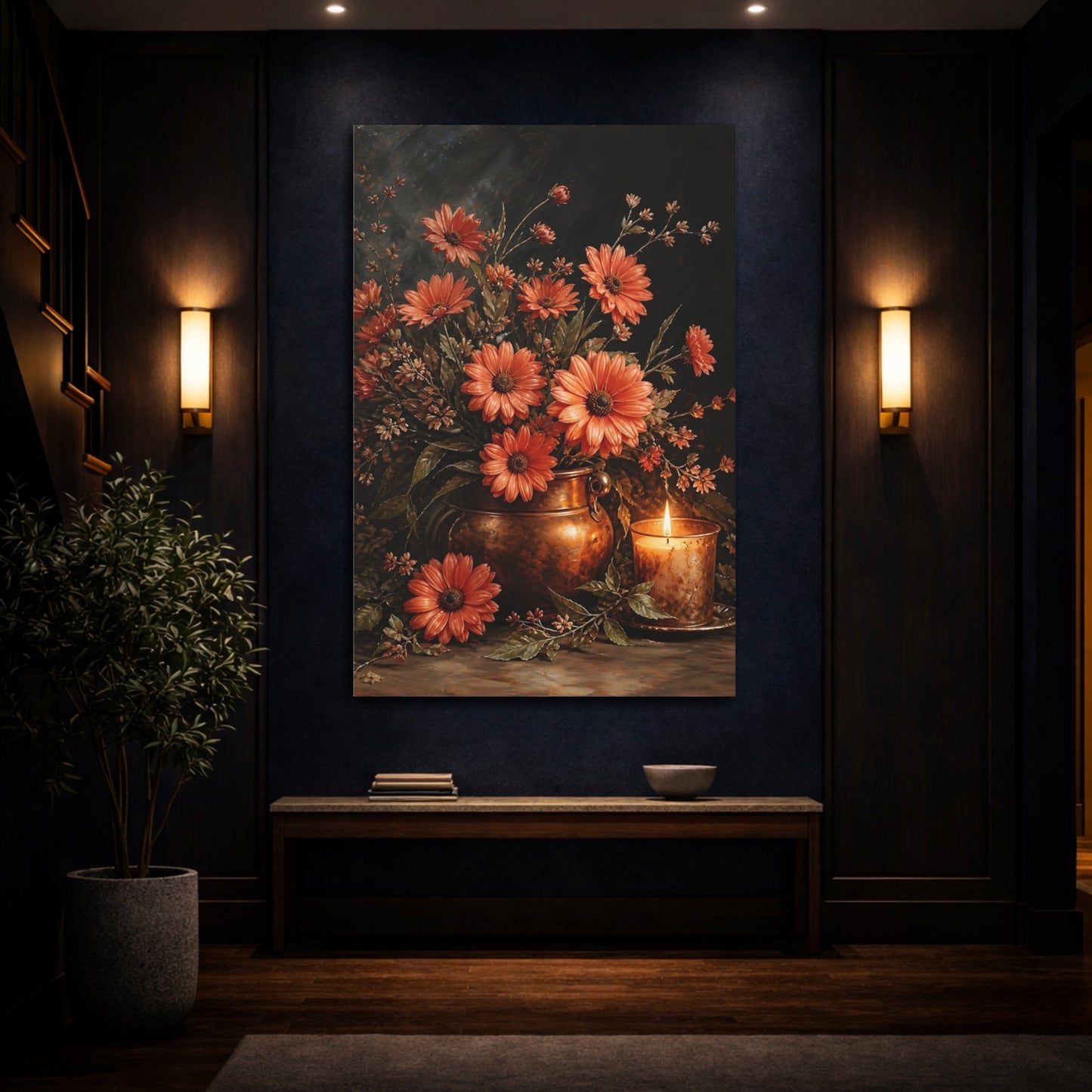 Mockup 4. Floral Orange Daisies Orange And Copper shown as stretched canvas wall art