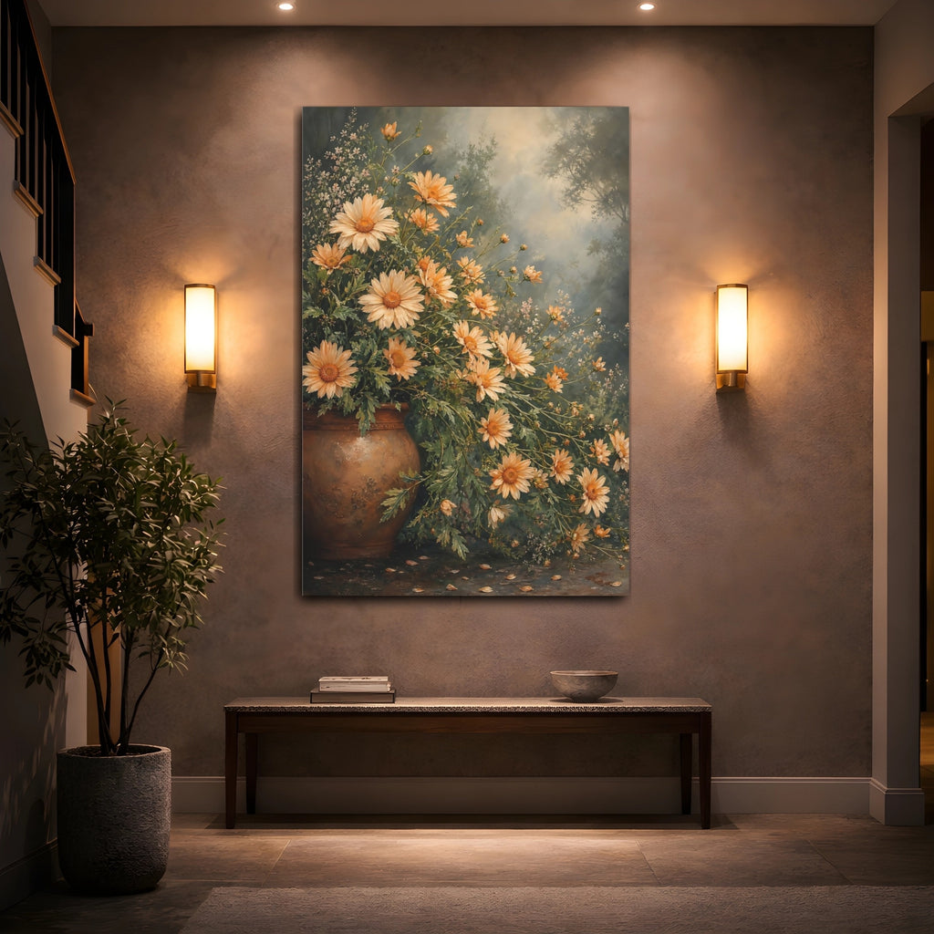 Mockup 2. Floral Orange Daisies Orange Daisy Art shown as stretched canvas wall art