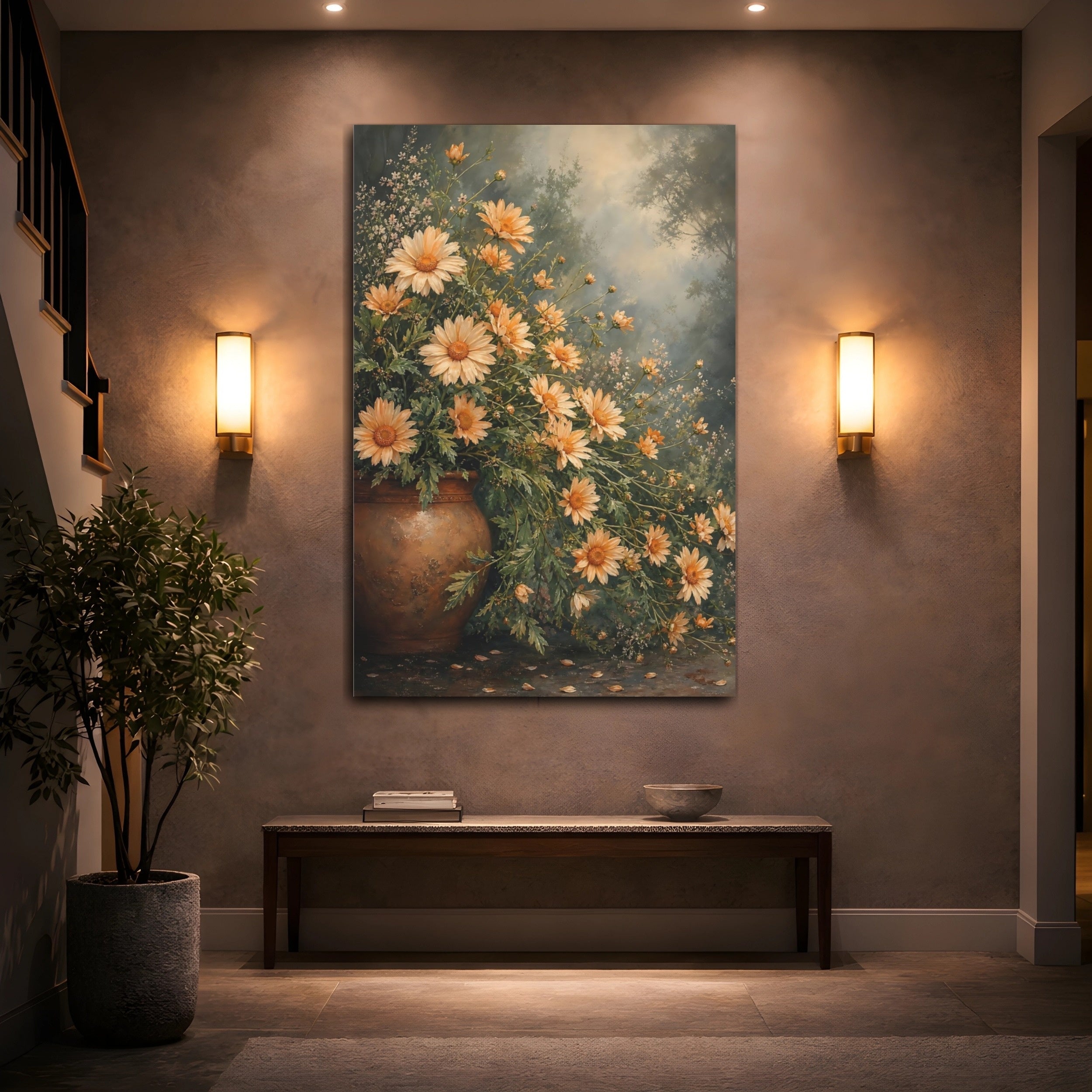 Mockup 2. Floral Orange Daisies Orange Daisy Art shown as stretched canvas wall art