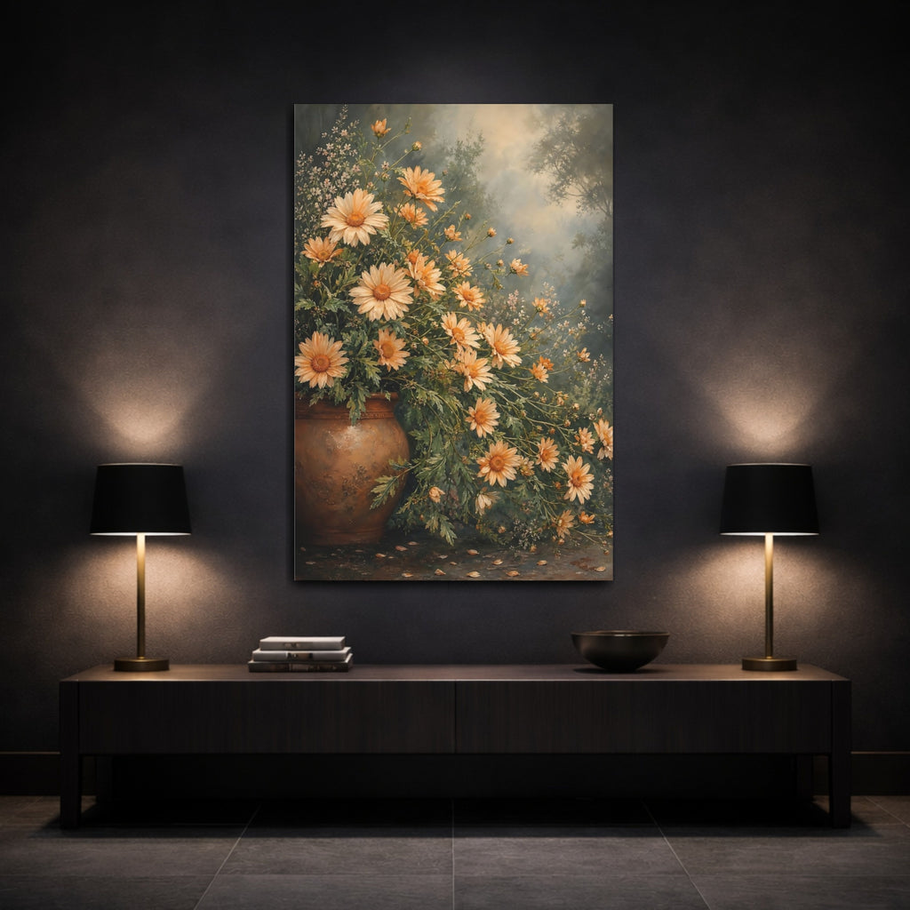 Mockup 3. Floral Orange Daisies Orange Daisy Art shown as stretched canvas wall art