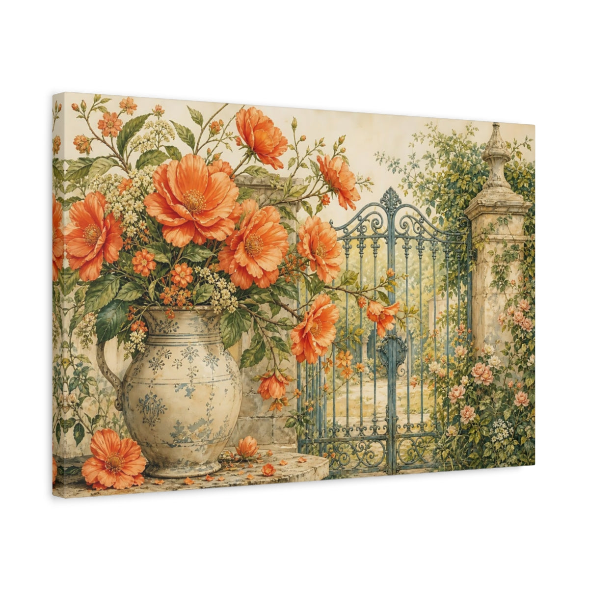 Side Mockup 3. Floral Orange Flowers Orange Floral shown as stretched canvas wall art
