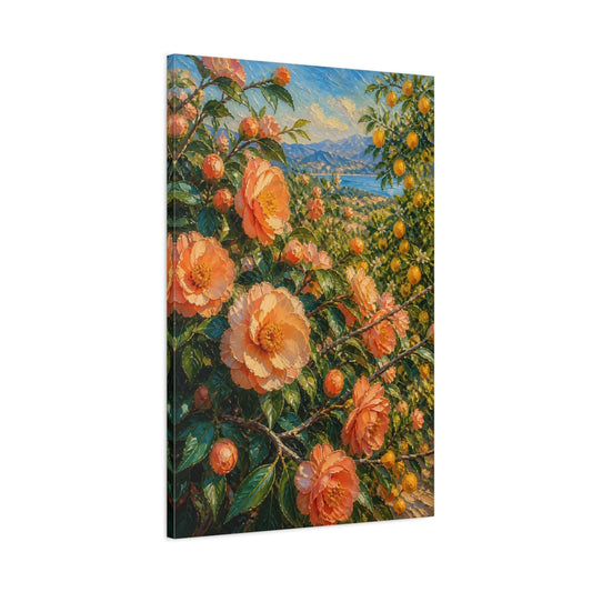 Main Mockup. Floral Orange Flowers Orange Floral Landscape shown as stretched canvas wall art