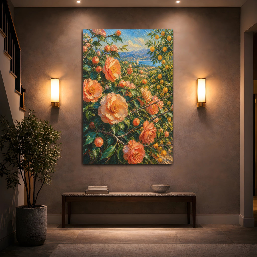 Mockup 2. Floral Orange Flowers Orange Floral Landscape shown as stretched canvas wall art