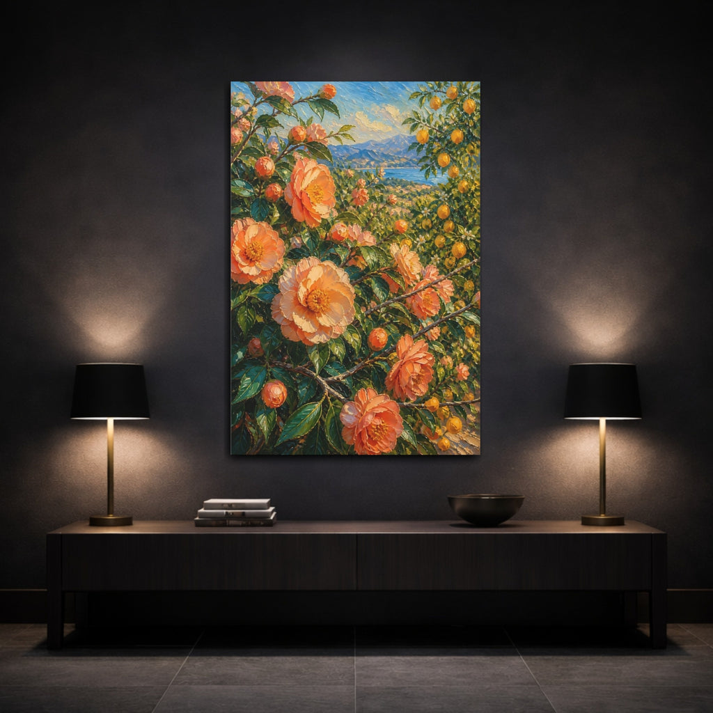 Mockup 3. Floral Orange Flowers Orange Floral Landscape shown as stretched canvas wall art