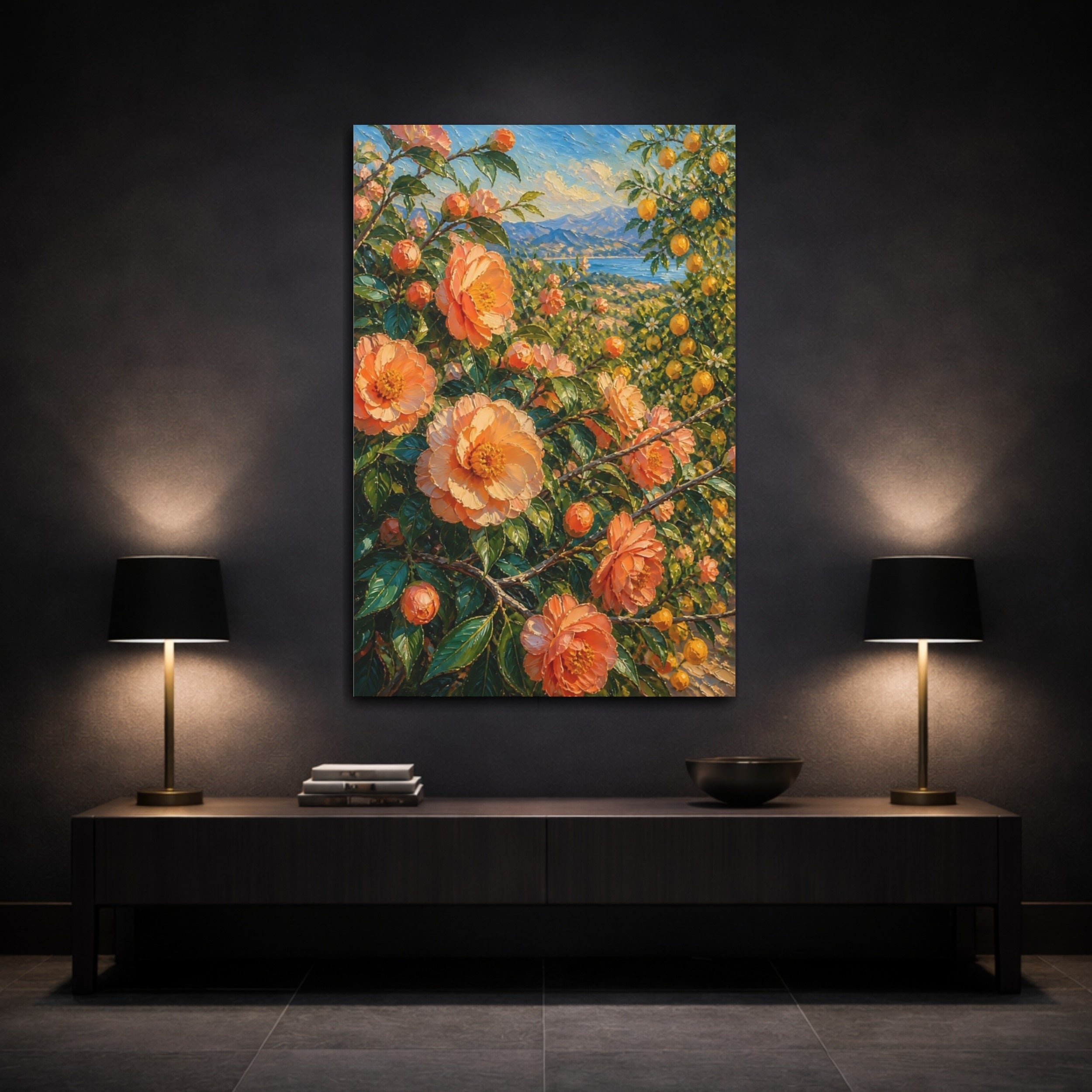 Mockup 3. Floral Orange Flowers Orange Floral Landscape shown as stretched canvas wall art