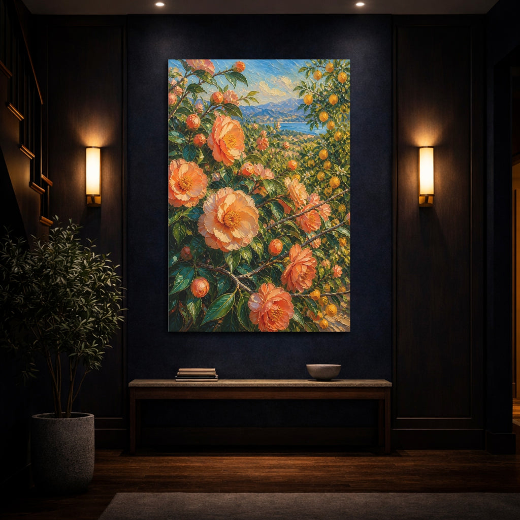 Mockup 4. Floral Orange Flowers Orange Floral Landscape shown as stretched canvas wall art